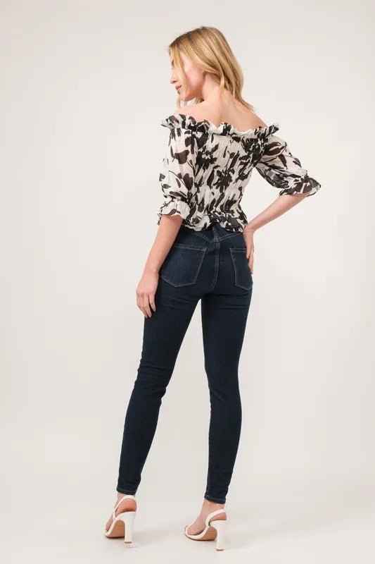 And The Why Smocked Off - Shoulder Floral Printed Top - Bitsy Gypsy Boutique