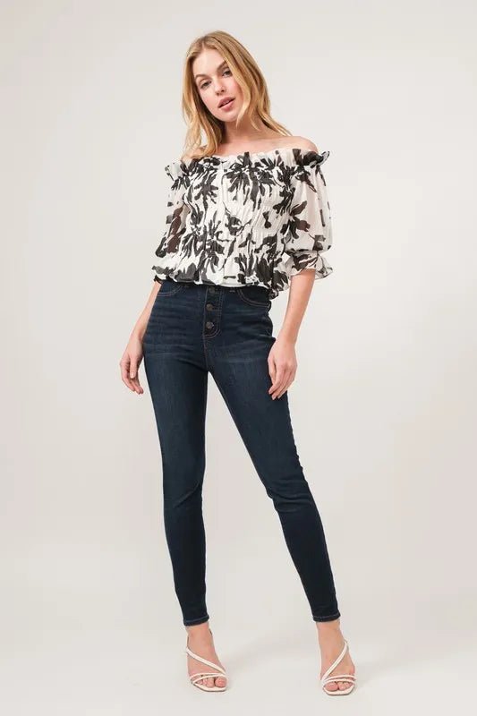 And The Why Smocked Off - Shoulder Floral Printed Top - Bitsy Gypsy Boutique
