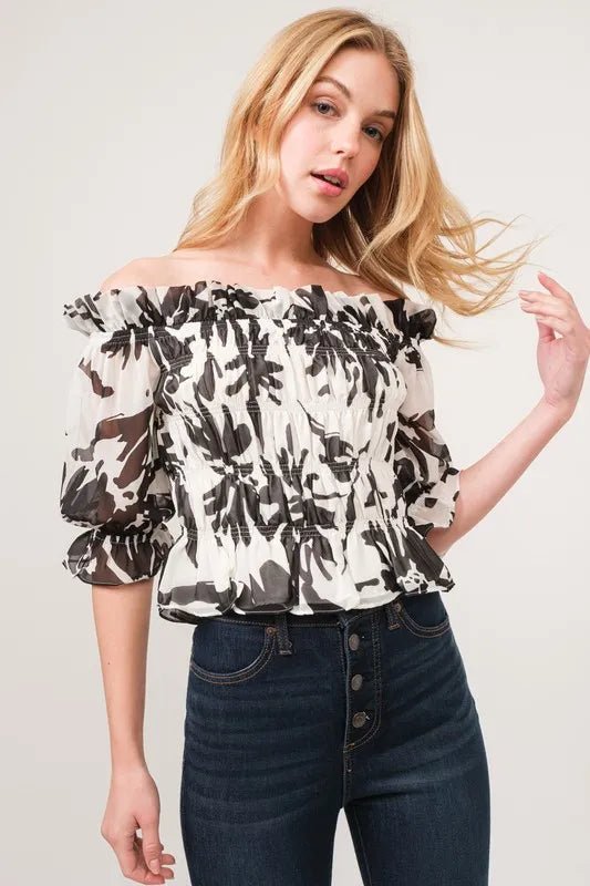 And The Why Smocked Off - Shoulder Floral Printed Top - Bitsy Gypsy Boutique