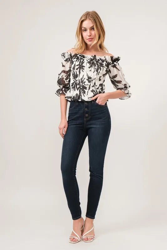 And The Why Smocked Off - Shoulder Floral Printed Top - Bitsy Gypsy Boutique