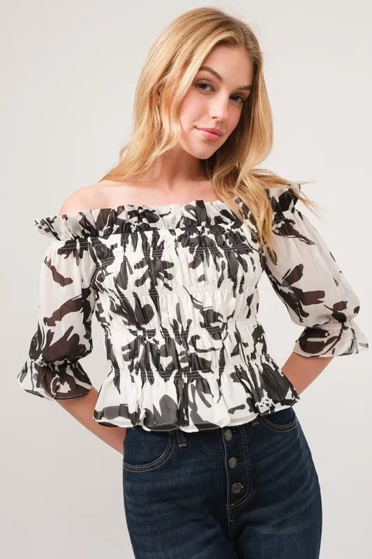 And The Why Smocked Off - Shoulder Floral Printed Top - Bitsy Gypsy Boutique