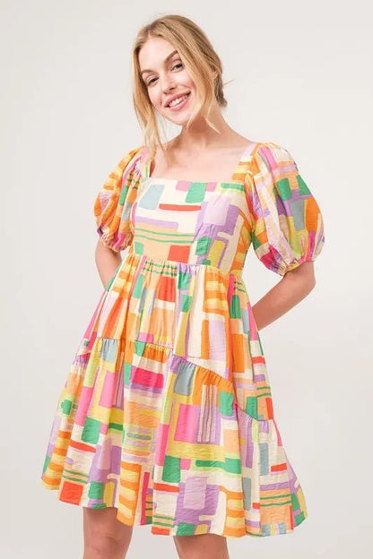And The Why Square Neck Puff Sleeve Geo Printed Mini Dress - Bitsy Gypsy Boutique