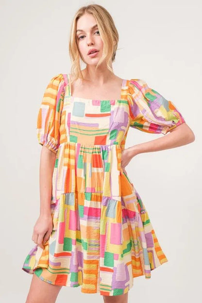 And The Why Square Neck Puff Sleeve Geo Printed Mini Dress - Bitsy Gypsy Boutique