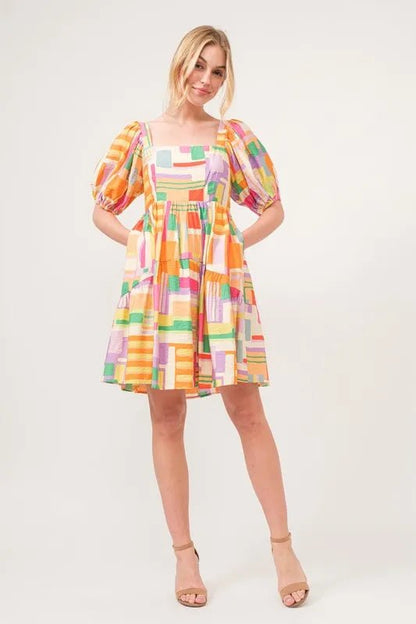 And The Why Square Neck Puff Sleeve Geo Printed Mini Dress - Bitsy Gypsy Boutique