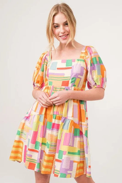 And The Why Square Neck Puff Sleeve Geo Printed Mini Dress - Bitsy Gypsy Boutique