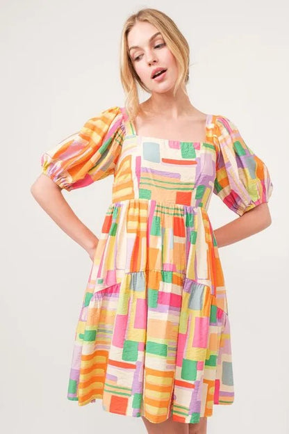 And The Why Square Neck Puff Sleeve Geo Printed Mini Dress - Bitsy Gypsy Boutique