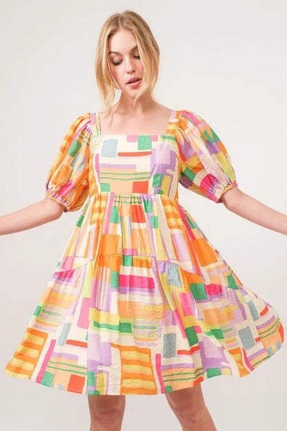 And The Why Square Neck Puff Sleeve Geo Printed Mini Dress - Bitsy Gypsy Boutique