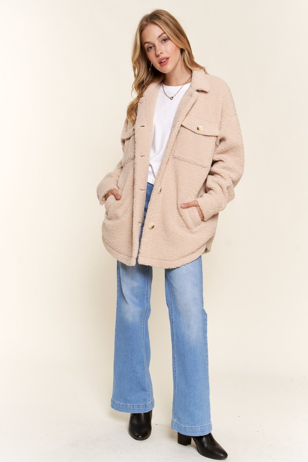 And The Why Teddy Sherpa Button Down Curved Hem Shacket - Bitsy Gypsy Boutique