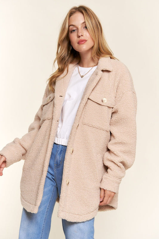 And The Why Teddy Sherpa Button Down Curved Hem Shacket - Bitsy Gypsy Boutique