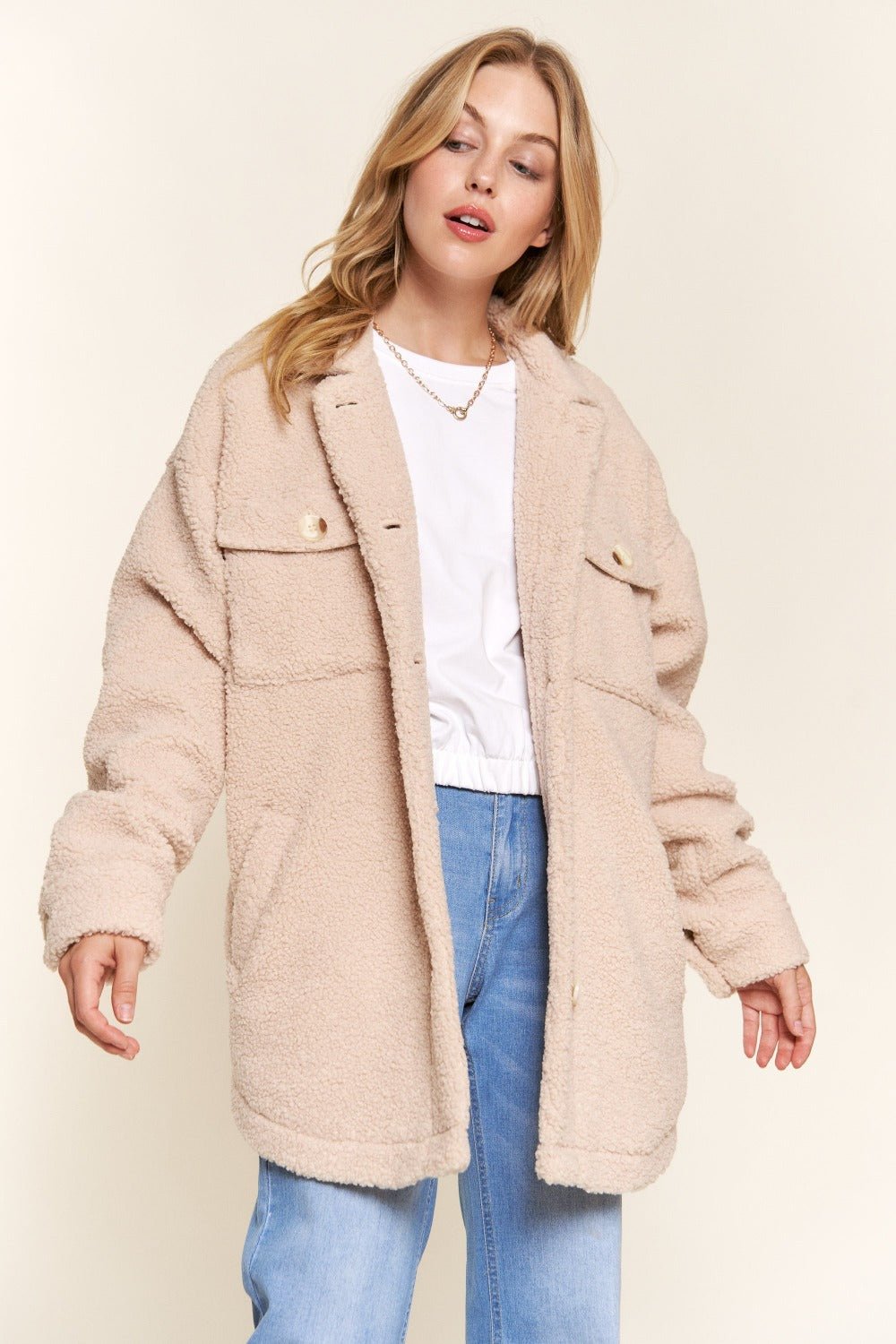 And The Why Teddy Sherpa Button Down Curved Hem Shacket - Bitsy Gypsy Boutique