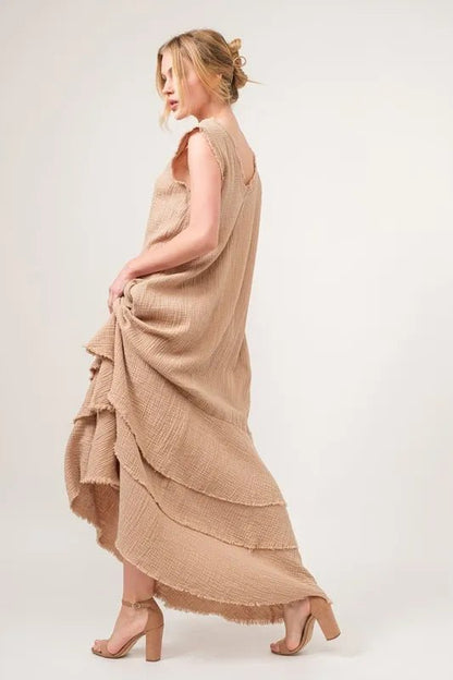 And The Why Washed Cotton Gauze Fringe Detail Tiered Dress - Bitsy Gypsy Boutique