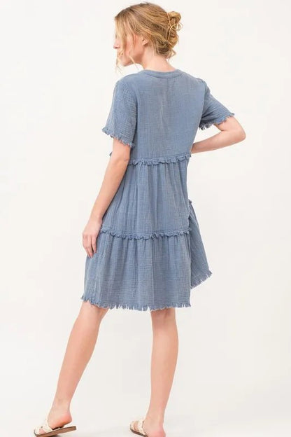 And The Why Washed Frayed Detail Tiered Dress - Bitsy Gypsy Boutique