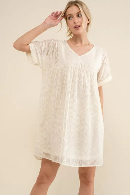 And The Why Woven Leopard Baby Doll Roll - Sleeve Casual Dress - Bitsy Gypsy Boutique