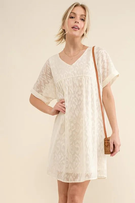 And The Why Woven Leopard Baby Doll Roll - Sleeve Casual Dress - Bitsy Gypsy Boutique