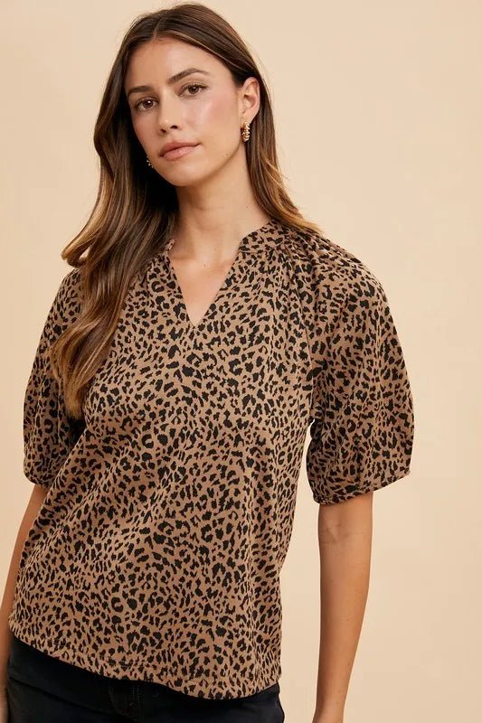Annie Wear Animal Print Knit Volume Sleeve Blouse - Bitsy Gypsy Boutique