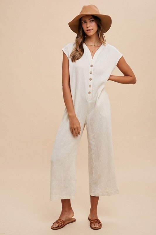 Annie Wear Button Detail Wide Leg Jumpsuit with Pockets - Bitsy Gypsy Boutique