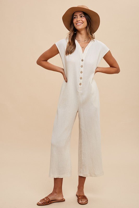 Annie Wear Button Detail Wide Leg Jumpsuit with Pockets - Bitsy Gypsy Boutique