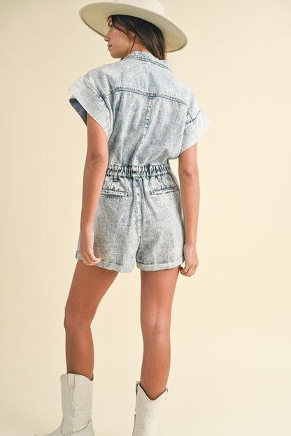 Annie Wear Elastic Waistband Short Sleeve Denim Romper - Bitsy Gypsy Boutique