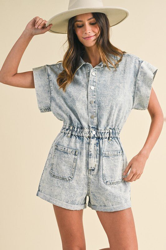 Annie Wear Elastic Waistband Short Sleeve Denim Romper - Bitsy Gypsy Boutique