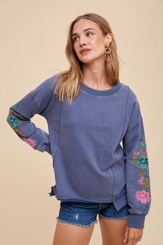 Annie Wear Embroidered Long Sleeve French Terry Top - Bitsy Gypsy Boutique