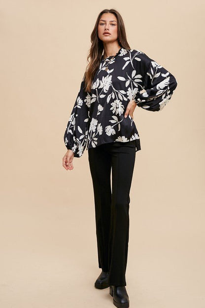 Annie Wear Frill Printed Balloon Sleeve Blouse - Bitsy Gypsy Boutique