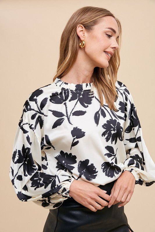 Annie Wear Frill Printed Balloon Sleeve Blouse - Bitsy Gypsy Boutique