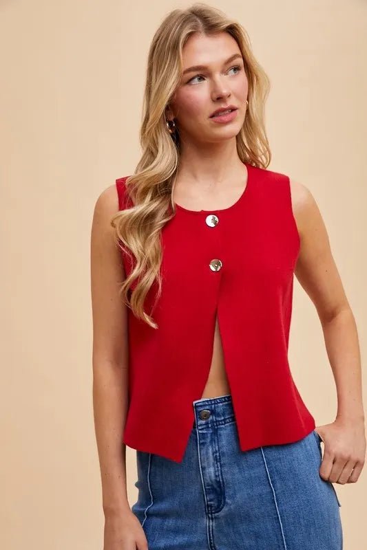 Annie Wear Metal Button Detail Crop Sweater Vest - Bitsy Gypsy Boutique
