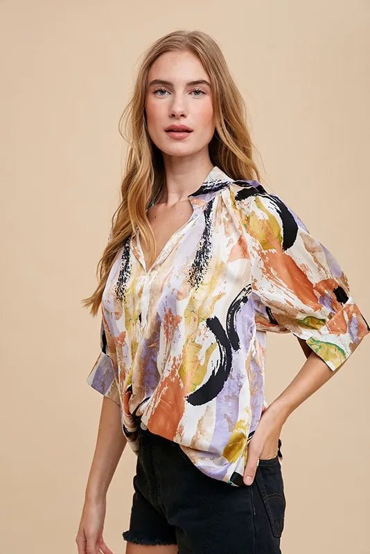 Annie Wear Multi Color Printed V - Neck Open Woven Blouse Top - Bitsy Gypsy Boutique