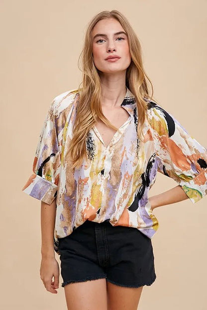 Annie Wear Multi Color Printed V - Neck Open Woven Blouse Top - Bitsy Gypsy Boutique