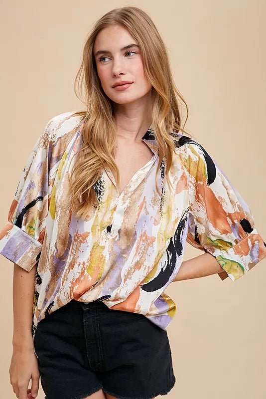 Annie Wear Multi Color Printed V - Neck Open Woven Blouse Top - Bitsy Gypsy Boutique