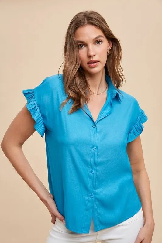 Annie Wear Relaxed Fit Ruffle Sleeve Woven Blouse Top - Bitsy Gypsy Boutique