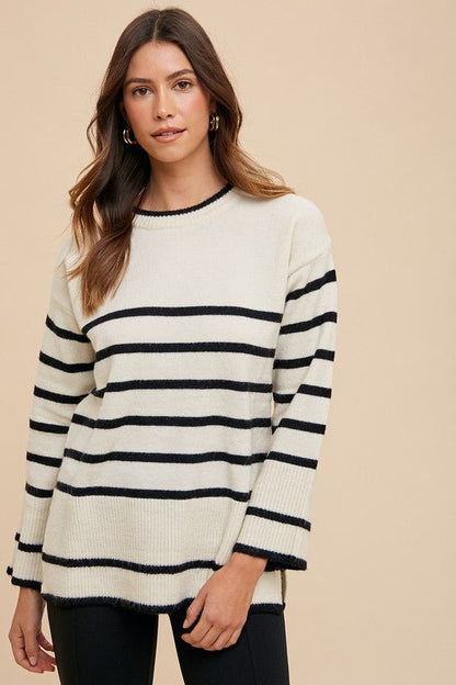 Annie Wear Side Slit Striped Round Neck Sweater - Bitsy Gypsy Boutique