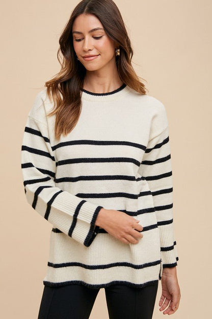 Annie Wear Side Slit Striped Round Neck Sweater - Bitsy Gypsy Boutique