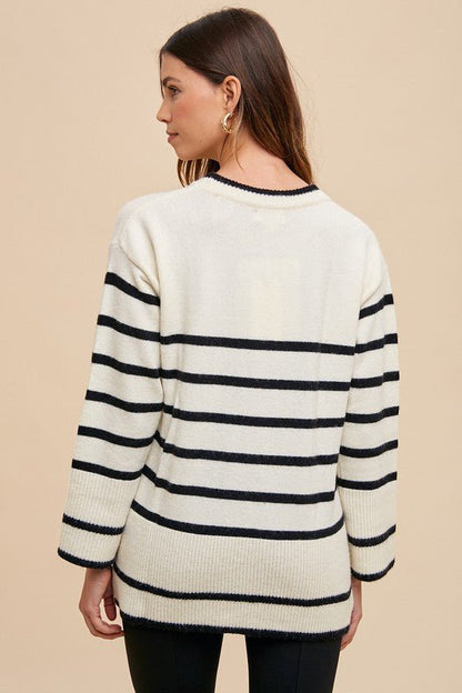 Annie Wear Side Slit Striped Round Neck Sweater - Bitsy Gypsy Boutique