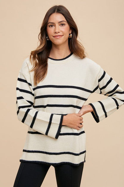 Annie Wear Side Slit Striped Round Neck Sweater - Bitsy Gypsy Boutique