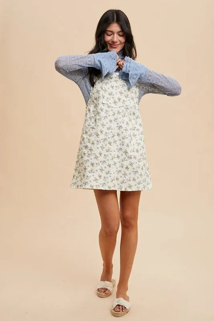 Annie Wear Stretch Ditsy Print Denim Overall Mini Dress - Bitsy Gypsy Boutique