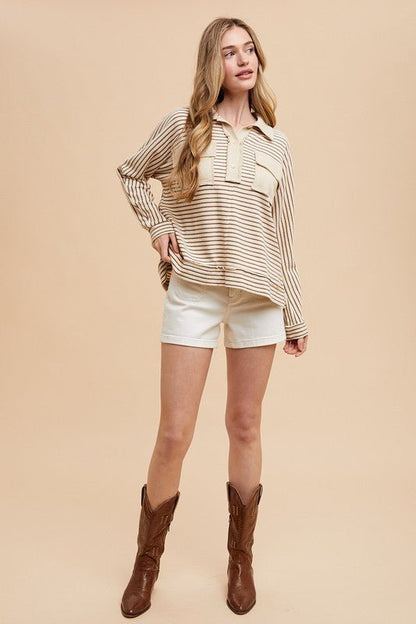 Annie Wear Striped Button Detail Long Sleeve Polo Top - Bitsy Gypsy Boutique