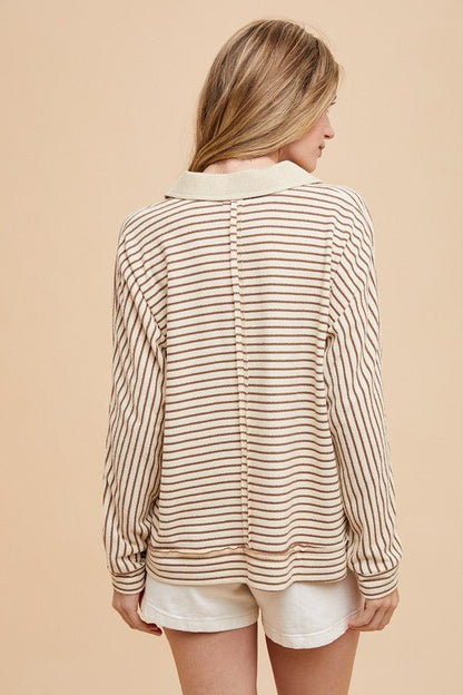 Annie Wear Striped Button Detail Long Sleeve Polo Top - Bitsy Gypsy Boutique