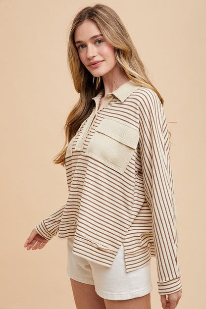 Annie Wear Striped Button Detail Long Sleeve Polo Top - Bitsy Gypsy Boutique