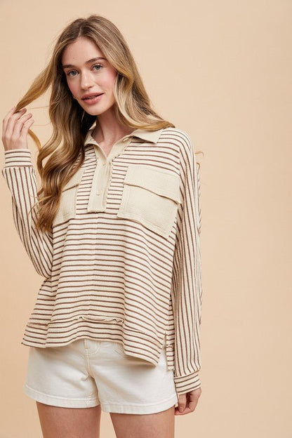 Annie Wear Striped Button Detail Long Sleeve Polo Top - Bitsy Gypsy Boutique