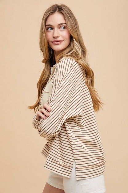 Annie Wear Striped Button Detail Long Sleeve Polo Top - Bitsy Gypsy Boutique