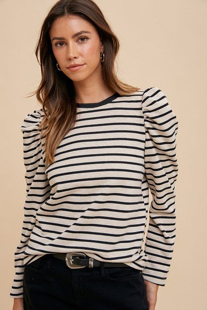 Annie Wear Striped Round Neck Puff Sleeve French Terry Top - Bitsy Gypsy Boutique