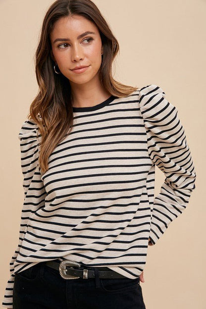 Annie Wear Striped Round Neck Puff Sleeve French Terry Top - Bitsy Gypsy Boutique