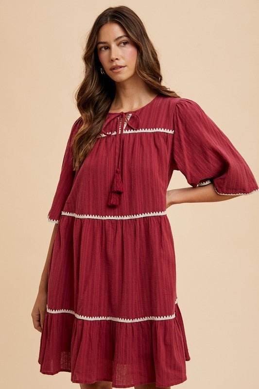 Annie Wear Tassel Contrast Trim Tie Neck Half Sleeve Tiered Dress - Bitsy Gypsy Boutique