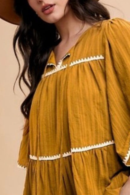 Annie Wear Tassel Contrast Trim Tie Neck Half Sleeve Tiered Dress - Bitsy Gypsy Boutique