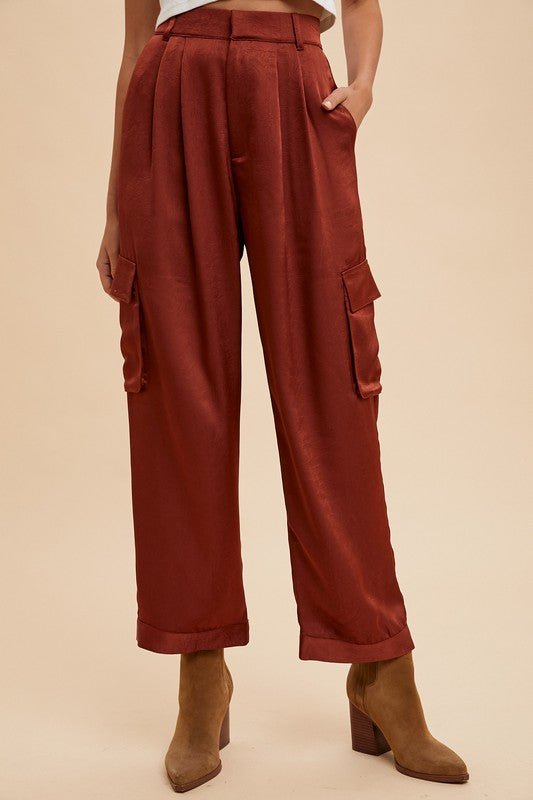 Annie Wear Wide Leg Cargo Satin Pants - Bitsy Gypsy Boutique