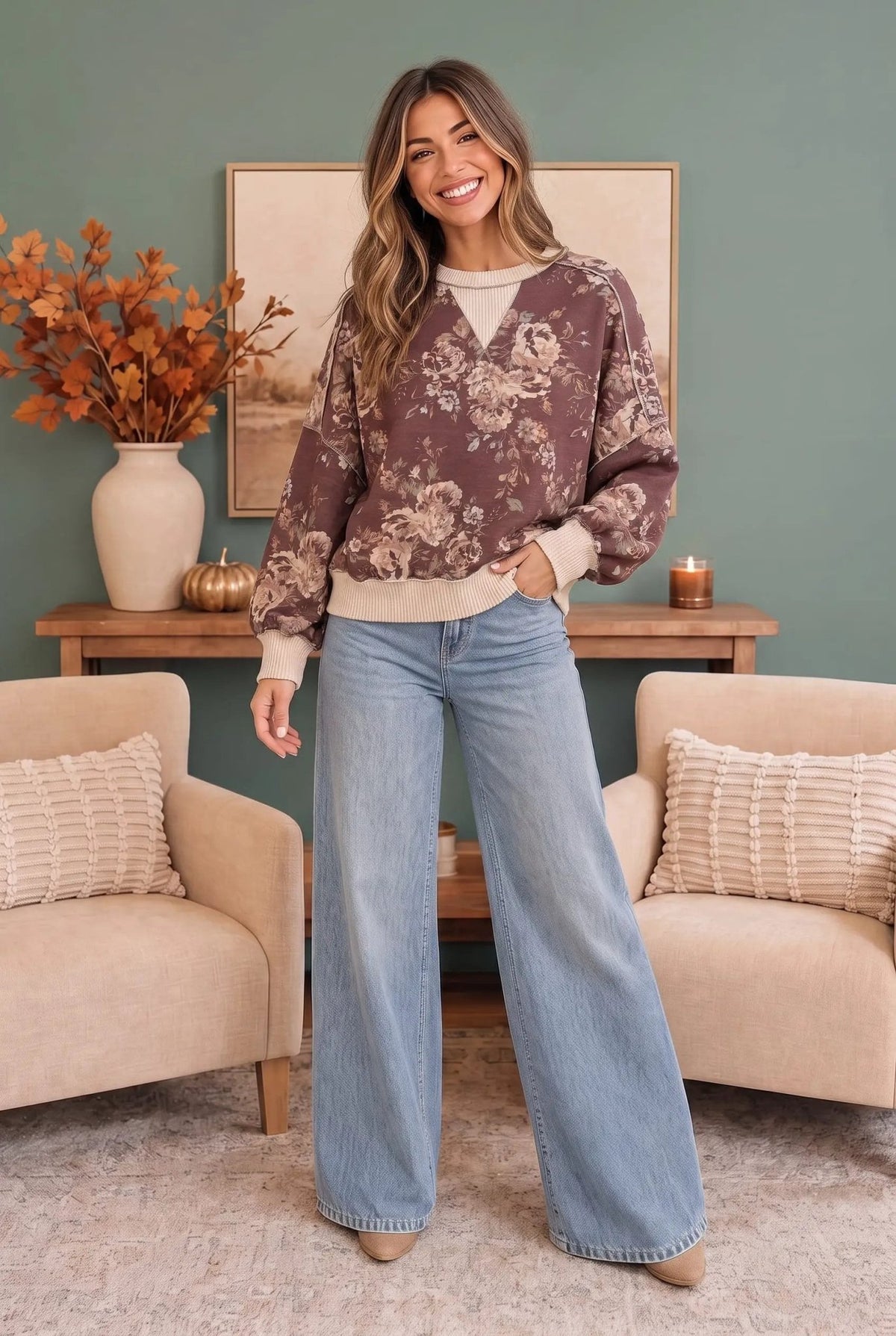 Antique Bouquet Sweatshirt in Mocha - Bitsy Gypsy Boutique