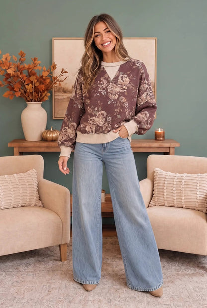 Antique Bouquet Sweatshirt in Mocha - Bitsy Gypsy Boutique