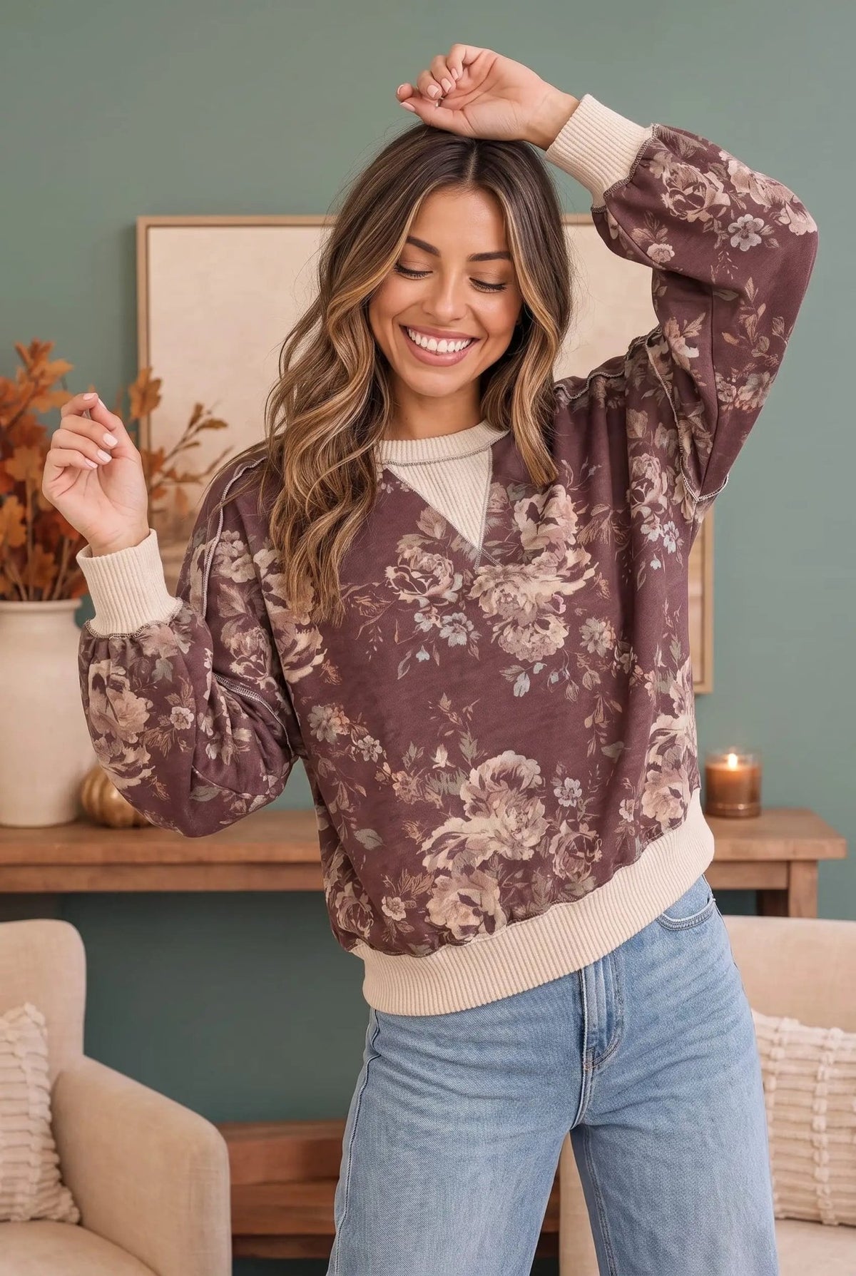 Antique Bouquet Sweatshirt in Mocha - Bitsy Gypsy Boutique