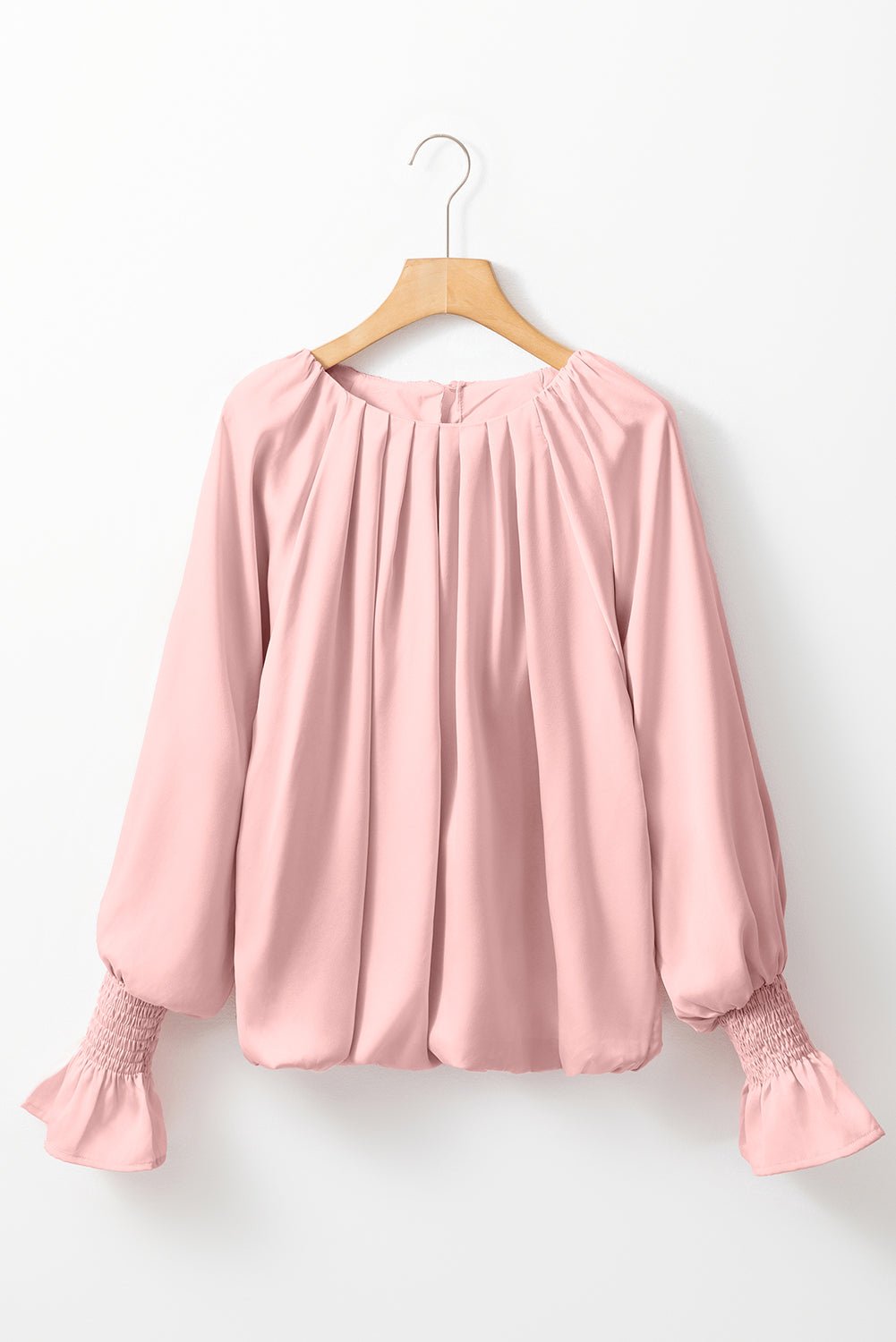 Apricot Pink Pleated Round Neck Flounce Sleeve Satin Blouse - Bitsy Gypsy Boutique